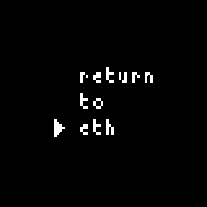 A pixel-art image on a black background displaying the text 'return to eth' in a retro white font.