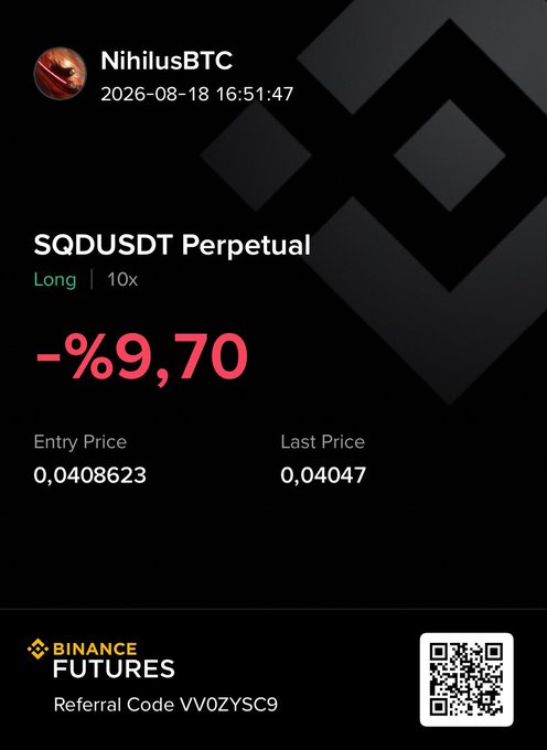 A Binance Futures trading card shows a losing long position on SQDUSDT Perpetual (10x leverage) for user NihilusBTC, with an entry price of 0.0408623 and a last price of 0.04047, resulting in a -9.70% loss. This contradicts the post's optimistic claim of a "big bounce" coming on $SQD, showing the trade is currently underwater despite the trader's $70K investment.