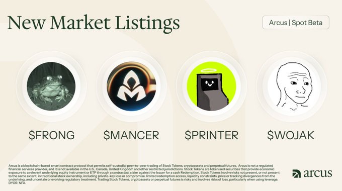 An advertisement for Arcus Spot Beta showing 'New Market Listings' including $FRONG, $MANCER, $PRINTER, and $WOJAK.