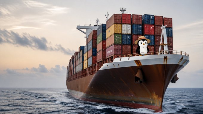 A large container ship sails across the ocean, with a small cartoon penguin wearing a straw hat perched on its bow.