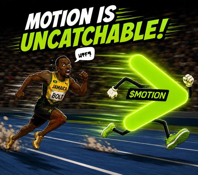 A digital illustration of Usain Bolt in his Jamaica uniform running from a glowing green arrow labeled '$MOTION' with the text 'MOTION IS UNCATACHABLE!' and a speech bubble saying 'WTF?'.