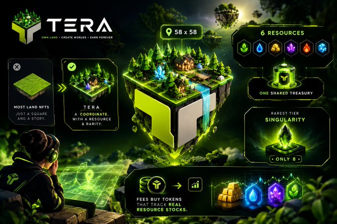 A promotional graphic for 'TERA' featuring floating isometric islands with forests and waterfalls, with text including '58 x 58', '6 RESOURCES', 'MOST LAND NFTS', 'TERA A COORDINATE, WITH A RESOURCE & RARITY', 'ONE SHARED TREASURY', 'RAREST TIER SINGULARITY ONLY 8', and 'FEES BUY TOKENS THAT TOUCH REAL RESOURCE STOCKS'.