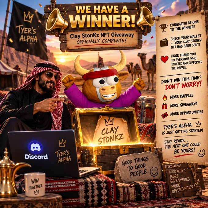 A cartoon bull mascot with a red headband emerges from a glowing treasure chest labeled "CLAY STONKZ" beside a man in traditional Arab headdress celebrating the "WE HAVE A WINNER!" "Clay StonKz NFT Giveaway," with a Discord-branded laptop displaying "TYER'S ALPHA" and informational notes about raffle giveaways. The image visually reinforces the post's announcement of Tyer ("@supertyer") going big on his Habibi HQ Discord by showcasing a completed NFT giveaway event with YoukieVerse.