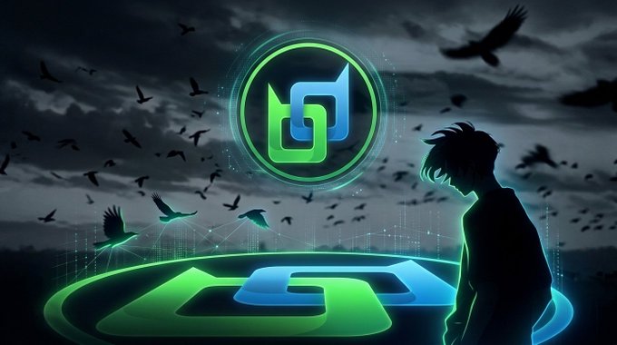 A digital artwork featuring a silhouetted figure standing before a glowing green and blue circular logo, surrounded by flying birds against a dark sky.