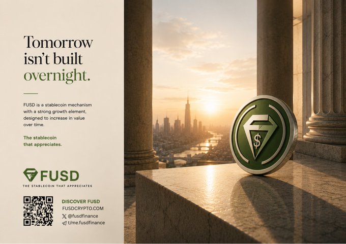 An advertisement for FUSD stablecoin with the headline 'Tomorrow isn't built overnight,' featuring a silver and green coin with a dollar symbol against a cityscape backdrop with classical columns, including the website fusdcrpyto.com.