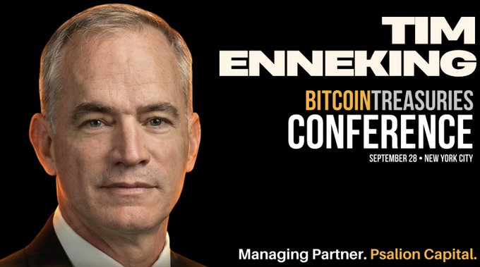 Promotional image for Tim Enneking, Managing Partner of Psalion Capital, speaking at the Bitcoin Treasuries Conference on September 28 in New York City.