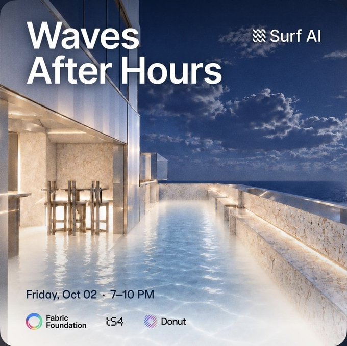 An event poster for 'Waves After Hours' hosted by 'Surf AI' advertises a gathering on 'Friday, Oct 02 · 7–10 PM' alongside 'Fabric Foundation', 'tS4', and 'Donut' logos.