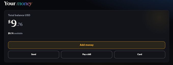 A dark digital-wallet interface titled “Your money” shows a “Total balance USD” of “$9.76,” with “$9.76 available” and buttons labeled “Add money,” “Send,” “Pay a bill,” and “Card.”