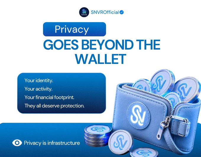 A promotional graphic from SNVROfficial stating 'Privacy GOES BEYOND THE WALLET' with the tagline 'Privacy is infrastructure,' featuring a blue wallet with SV branded coins and text about protecting identity, activity, and financial footprint.
