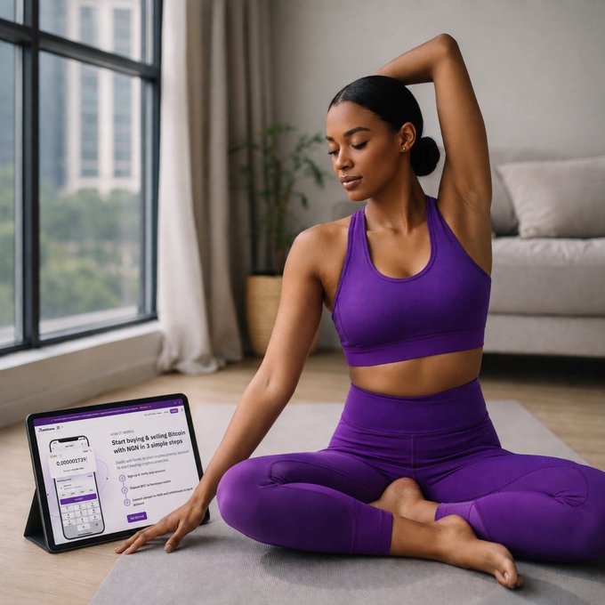 A fitness-themed image showing a woman in a purple workout set performing a seated stretch next to a tablet displaying a workout app, situated in a modern living room with large windows.
