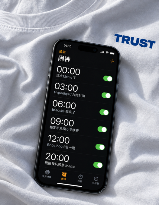 An iPhone displaying a Chinese clock/alarm app with the word 'TRUST' written on a white t-shirt in the background. Visible alarms include times 00:00, 03:00, 06:00, 09:00, 12:00, and 20:00 with various Chinese labels.
