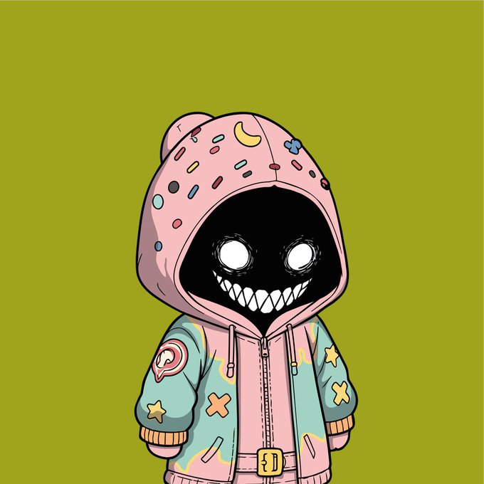 Cartoon illustration of a creepy hooded character with a pink sprinkle-decorated hood, black face with glowing white eyes and a wide toothy grin, wearing a colorful jacket on an olive green background.