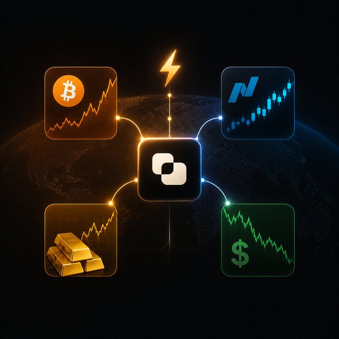 A digital illustration depicts a central logo connected to four financial icons: Bitcoin (orange), an 'N' ticker (blue), gold bars (yellow), and the US dollar (green), all overlaid on a world map background.