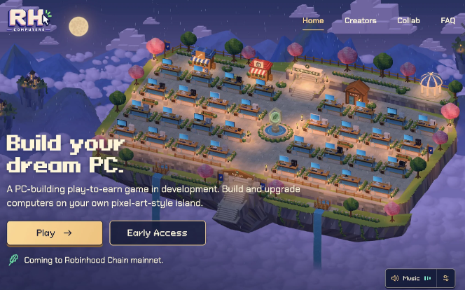 The image showcases the landing page for "RH Companions," a pixel-art PC-building play-to-earn game, featuring a nighttime island scene with market stalls and the tagline "Build your dream PC." The site promotes its "Play" and "Early Access" buttons alongside a note that it is "Coming to Robinhood Chain mainnet," aligning with the post's announcement of the project's successful launch and developer 0xArtix.