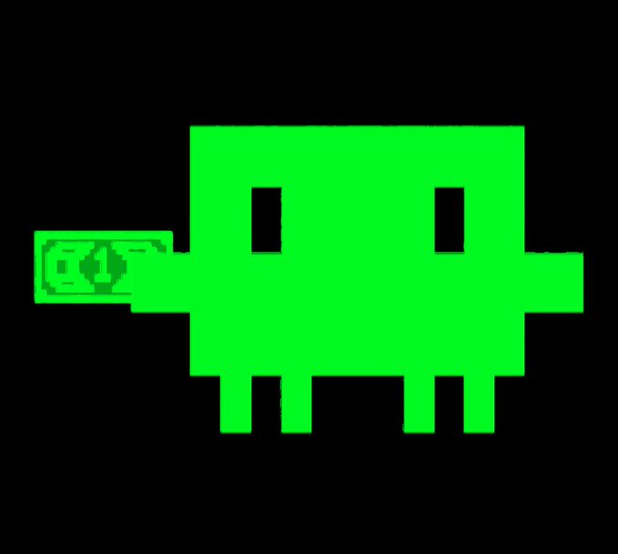 A minimalist pixel art style image of a bright green alien character with two black eyes and four legs, holding a green dollar bill, set against a solid black background.