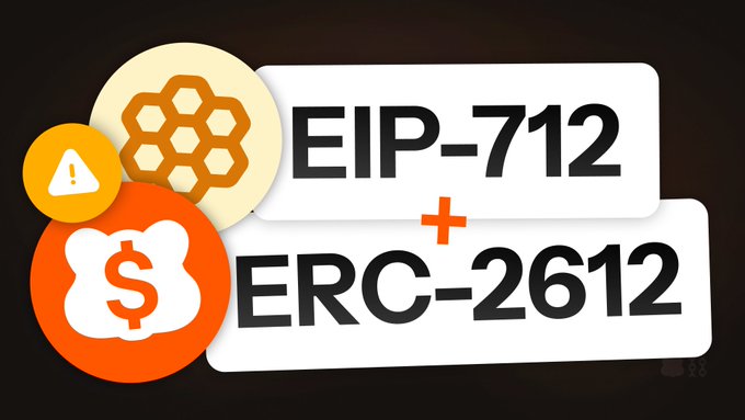 The image displays graphic elements for "EIP-712" and "ERC-2612" alongside icons for an alert warning and a honeycomb dollar sign symbol, illustrating how Bera USD's name and version changes break existing permit signatures.