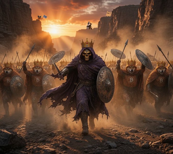 A fantasy illustration of a crowned skeleton king in a purple robe leading an army of bear warriors carrying spears and shields through a dusty canyon at sunset.