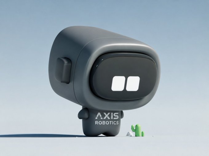 A 3D-rendered dark gray robot character with a visor face and 'AXIS ROBOTICS' text on its body, accompanied by a small green cactus.