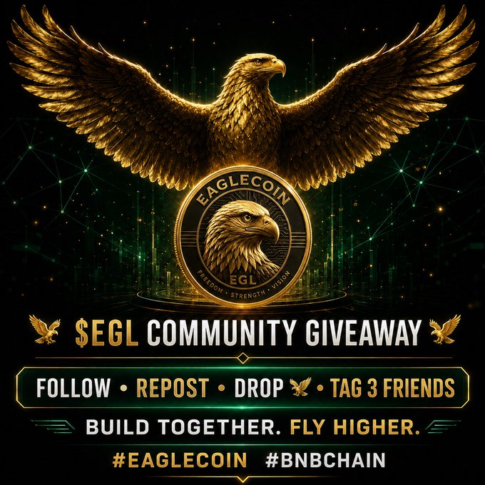 A promotional graphic for a "$EGL Community Giveaway" features a majestic golden eagle with outstretched wings above a branded "Eaglecoin EGL" coin, outlining participation steps (Follow, Repost, Drop 🦅, Tag 3 friends) under the tagline "BUILD TOGETHER. FLY HIGHER." with hashtags #EAGLECOIN and #BNBCHAIN, visually reinforcing the post's call for community engagement and growth.