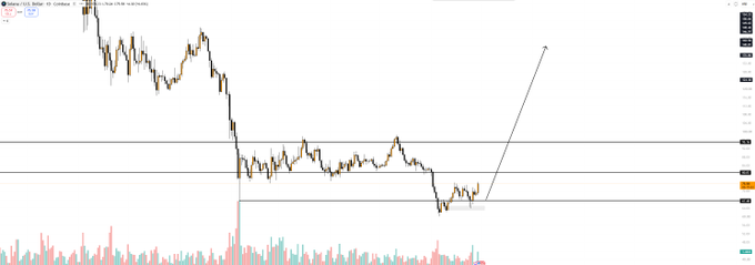 A candlestick chart of Solana (SOL/USD) on Coinbase shows a prolonged downtrend with multiple lower lows, followed by what appears to be a potential bottom forming and an arrow indicating a projected sharp upward move, supporting the post's claim of a SOL bottom reversal.