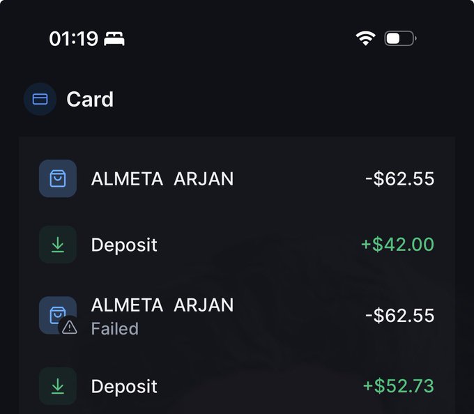 A mobile banking app's transaction history for a "Card" account is displayed, showing entries for "ALMETA ARJAN" charges of -$62.55 (one marked as Failed), plus deposits of +$42.00 and +$52.73. The image illustrates the successful credit card load referenced in the post, which allowed the user to pay their bill at the local handmade gift shop.