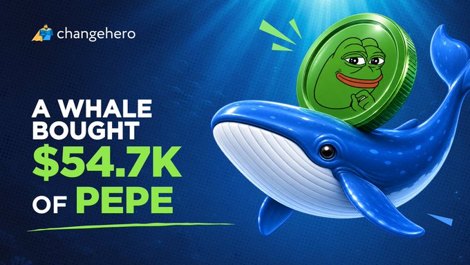 ChangeHero advertisement with text "A WHALE BOUGHT $54.7K OF PEPE" showing a Pepe coin riding on a blue whale.
