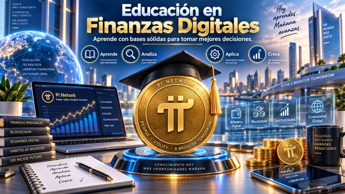 A promotional graphic titled 'Educación en Finanzas Digitales' and 'Pi Network' featuring a graduation cap on a gold coin, with icons for Aprende, Analiza, Aplica, and Crece, along with text about Binance Digital, Blockchain, and Comunidad Global.