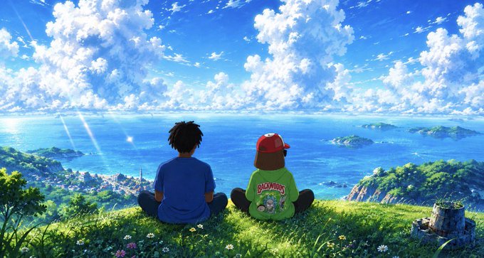 Two characters sit on a grassy hilltop overlooking a vast ocean dotted with islands beneath a bright blue sky, with one wearing a green shirt reading "BLACKPINK." The serene, uplifting artwork pairs with the giveaway post to create an aspirational, feel-good vibe that encourages engagement and entries.