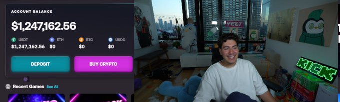 A man sits in his modern apartment, smiling in front of a screen displaying an account balance of $1,247,162.56 in USDT, alongside a "YEET" sign, celebrating his win of turning $10,000 into over $1 million on the YEET platform.