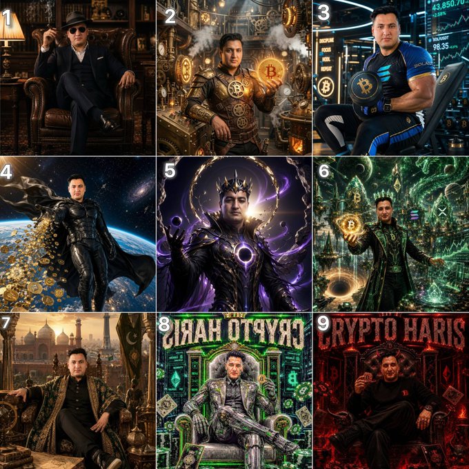 A 3x3 grid showcasing nine AI-generated portraits of a man in various elaborate, themed styles—ranging from a suited mafia boss and steampunk inventor to a superhero, dark sorcerer, cyberpunk warrior, royal figure in an Indian palace, and a futuristic king on a throne—incorporating Bitcoin motifs, financial charts, and the stylized text "CRYPTO HARI" and "CRYPTO OTTYYA" as part of a creator contest reveal.