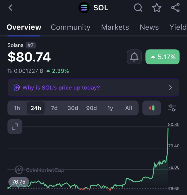 A CoinMarketCap screenshot shows Solana (SOL) trading at $80.74, up 5.17% over 24 hours, with its price chart climbing sharply toward a peak of $80.80 from lows near $76.60—visually reinforcing the post's excitement about SOL reclaiming $80 and eyeing $100.