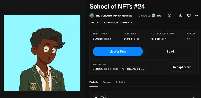 A screenshot of an NFT marketplace listing for 'School of NFTs #24' from 'The School of NFTs - Genesis' collection, showing a cartoon character avatar on the left with pricing details including 0.0195 WETH best offer, 0.035 ETH last sale, and a rarity rank of #7.