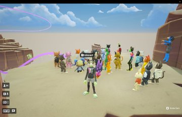 A Roblox-style 3D game screenshot showing multiple colorful blocky characters gathered in a desert-like environment with rocky formations.