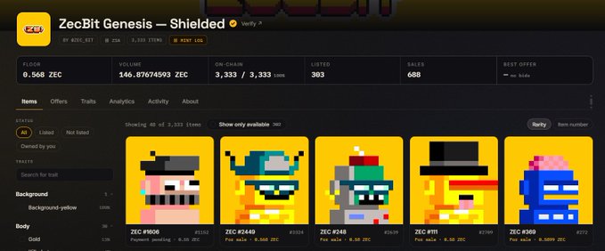 A screenshot of the ZEC NFT marketplace showing the 'ZecBit Genesis – Shielded' collection with a floor price of 0.368 ZEC and a row of pixel art character NFTs including ZEC #900 and ZEC #2449.