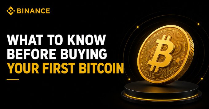 A Binance promotional graphic features the headline "WHAT TO KNOW BEFORE BUYING YOUR FIRST BITCOIN" alongside a golden Bitcoin coin on a pedestal, illustrating the article's advice to first-time buyers to understand Bitcoin's fundamentals—like its 21 million BTC maximum supply—before making a purchase.