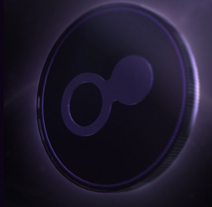 A dark, glowing purple circular logo featuring an infinity symbol or interconnected rings design, with a luminous edge against a black background.