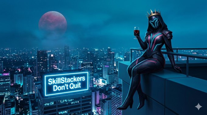 The image features a woman sitting on top of a building, holding a wine glass and wearing a crown. The background shows a city skyline at night with a large red moon visible. Below the scene, there's text that reads "SKILLSTACKERS DON'T QUIT". This message is related to the post as it encourages people not to give up on their goals or dreams.
