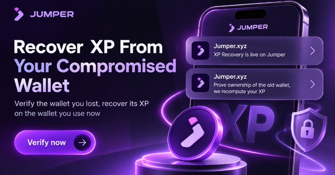 A promotional banner for Jumper titled 'Recover XP From Your Compromised Wallet', directing users to Jumper.xyz to verify their wallet and recompete their XP.