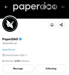 Twitter profile screenshot showing PaperDAO (@paperdao, @paperdao.xyz), a verified account with 6,745 followers joined in October 2020.