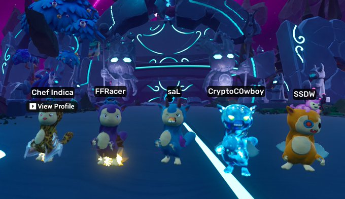 Five cartoon-style avatars (Chef Indica, FFRacer, saL, CryptoCOwboy, SSDW) lined up in a virtual neon-lit environment, with a 'View Profile' button beneath the first character.