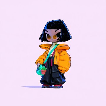 A stylized digital illustration shows a young character with a black bob haircut wearing an oversized yellow puffer jacket and carrying a small bag.
