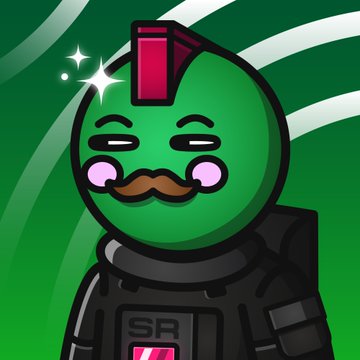 A digital illustration features a green circular character with a red mohawk, mustache, and closed eyes, wearing a black tactical vest labeled 'SR' against a green wavy background.