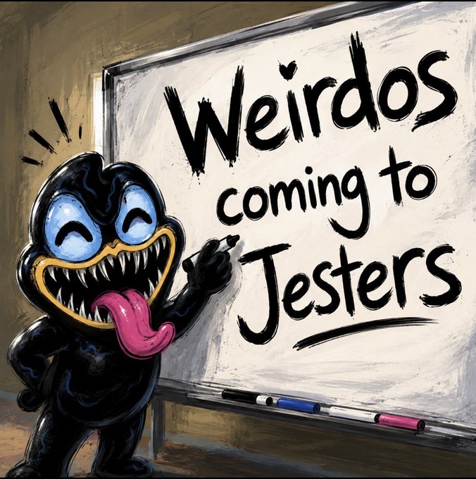 A cartoonish black creature with a wide, toothy grin and blue eyes writes on a whiteboard displaying the handwritten text "Weirdos coming to Jesters." The playful, slightly menacing character appears enthusiastic, holding a marker as colorful dry-erase markers rest on the ledge below the board.