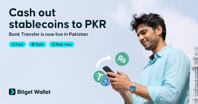 An advertisement showing a man using his smartphone with text reading "Cash out stablecoins to PKR - Bank Transfer is now live in Pakistan" featuring the "Bitget Wallet" logo and labels "Fast", "Safe", and "Risk-free".