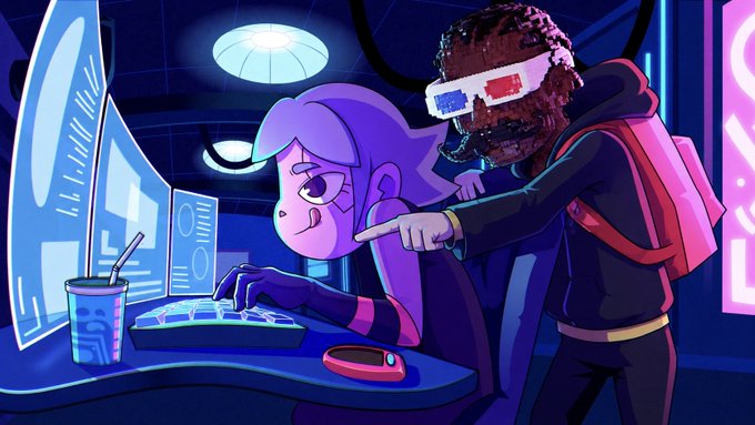 A colorful cartoon illustration depicting two characters in a neon-lit cyberpunk setting; one character with purple hair and a cat-like face sits at a computer, while another wearing 3D glasses stands behind them.