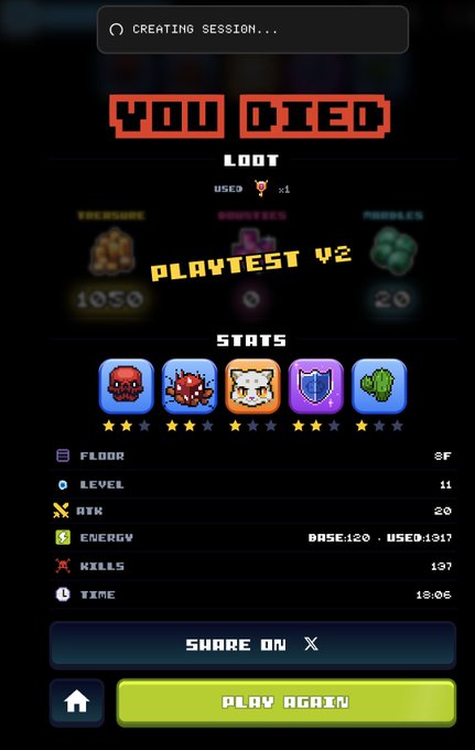 A mobile game results screen showing 'YOU DIED' in red pixelated text, with 'LOOT', 'STATS' (Floor 8F, Level 11, ATK 20), and 'PLAY AGAIN' buttons on a dark background.