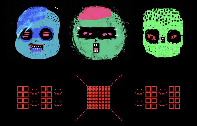 An artistic graphic featuring three stylized skull-like heads in blue, green, and neon green against a black background, with the text '88 :88 :88' displayed below in red digital-style numbers.