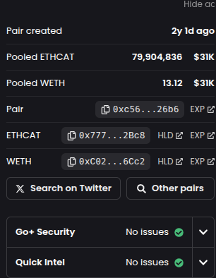 Cryptocurrency trading interface showing a pair created 2 years ago for 'Pooled ETHCAT' and 'Pooled WETH'.