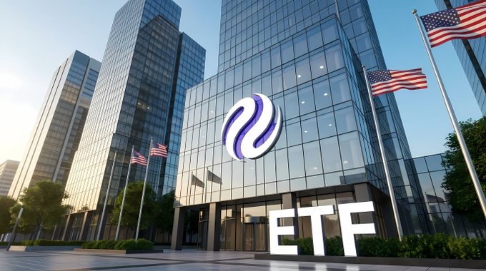 The image features a modern glass office building prominently displaying a stylized logo and the large letters "ETF" at its entrance, flanked by American flags—visually representing the financial institutional setting referenced in the post about 21Shares' amended S-1 filing for the Injective ETF ($TINJ) moving closer to Nasdaq listing.