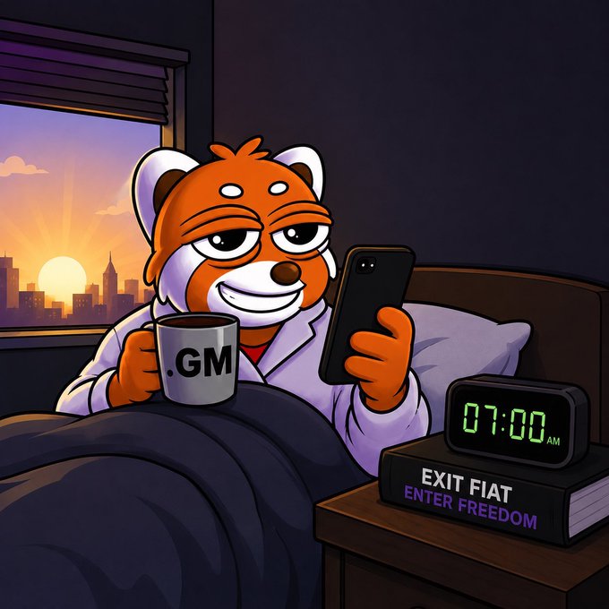 A cartoon red panda in pajamas smiles while holding a "GM" coffee mug and phone in bed at 7:00 AM, with a book titled "EXIT FIAT ENTER FREEDOM" on the nightstand — capturing the perfect "gm" morning routine of waking up to check crypto charts (like Solana) and the World Cup before starting the day.
